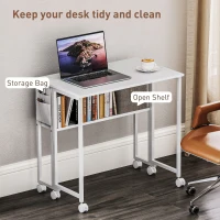 HOMCOM Folding Computer Desk, Foldable Desk with Storage Bag, Shelf and Wheels for Small Spaces, Home Office, White(m-5)