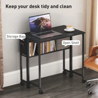 HOMCOM Folding Computer Desk, Foldable Desk with Storage Bag, Shelf and Wheels for Small Spaces, Home Office, Black(m-5)