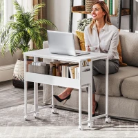 HOMCOM Folding Computer Desk, Foldable Desk with Storage Bag, Shelf and Wheels for Small Spaces, Home Office, White(m-9)