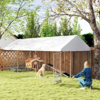 PawHut Outdoor Dog Kennel w/ Adjustable & Rotatable Bowl Rack, Waterproof UV-Resistant Cover, Secure Lock, 19.7' x 7.5' x 7.5'(m-2)