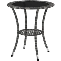 Outsunny Outdoor Rattan Dining Table, Patio Wicker Round Coffee Table with 2-Tier Storage Shelf, Mixed Grey(m-2)