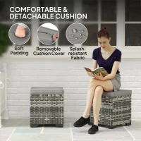 Outsunny Set of 2 Wicker Ottoman, Outdoor Footstool with Storage & Removable Cushions for Poolside, Patio, Deck, Grey(m-5)