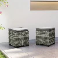Outsunny Set of 2 Wicker Ottoman, Outdoor Footstool with Storage & Removable Cushions for Poolside, Patio, Deck, Grey(m-9)