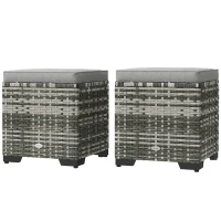 Outsunny Set of 2 Wicker Ottoman, Outdoor Footstool with Storage & Removable Cushions for Poolside, Patio, Deck, Grey(m-2)