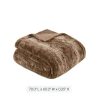 Oversized Faux Fur Throw with Faux Mink Reverse, OEKO-TEX Certified, Luxurious Machine Washable Blanket, 70" L x 60" W x 0.25" H, Tan(m-3)