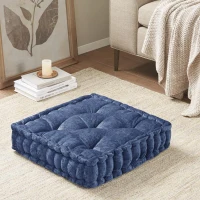 Textured Chenille Square Floor Pillow Cushion with Tufted Detailing, Scalloped Edge, Hypoallergenic 100% Polyester, 20" L x 20" W x 5" H", Navy(m-1)