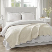 Oversized Quilted Throw with Scalloped Edges, Microfiber Face, Cotton Filled Blanket for Living Room, Bedroom, 72" L x 60" W x 0.25" H, Cream(m-4)