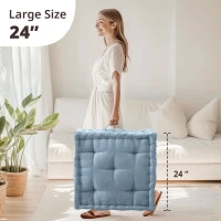 Hypoallergenic Poly Chenille Square Floor Pillow Cushion with Textured Fabric, Tufted Detailing, Scalloped Edge, 24" L x 24" W x 5" H, Aqua(m-3)