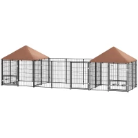 PawHut Outdoor Dog Kennel with 2 Rooms, Rotating & Adjustable Height Bowls, Waterproof UV-Resistant Cover, 16.2' x 4.7' x 5.1'(m-2)