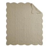 Oversized Quilted Throw with Scalloped Edges, Microfiber Face, Cotton Filled Blanket for Living Room, Bedroom, 72" L x 60" W x 0.25" H, Khaki(m-7)