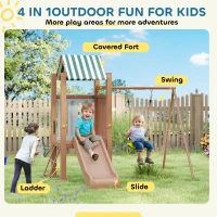Qaba 4-in-1 Kids Swing Set for Playground with Slide, Covered Fort, Climbing Ladder, Ground Stakes, for Kids Ages 3-8, Brown(m-4)