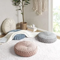 Poly Chenille Round Floor Pillow Cushion with Textured Fabric, Tufted Button Center, Pleated Detailing, 22" L x 22" W x 6" H, Blush(m-7)