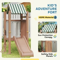 Qaba 4-in-1 Kids Swing Set for Playground with Slide, Covered Fort, Climbing Ladder, Ground Stakes, for Kids Ages 3-8, Brown(m-5)