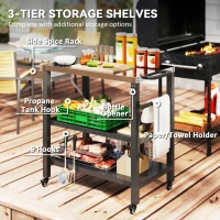 Outsunny Outdoor Kitchen Bar Cart BBQ Table with Wheels, Stainless Steel Pizza Oven Stand, Movable Prep Table with Hooks(m-5)