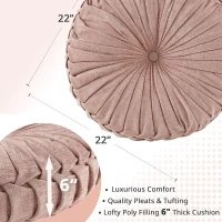 Poly Chenille Round Floor Pillow Cushion with Textured Fabric, Tufted Button Center, Pleated Detailing, 22" L x 22" W x 6" H, Blush(m-3)