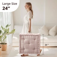 Textured Poly Chenille Square Floor Pillow Cushion with Hypoallergenic Polyester, Tufted Detailing, Scalloped Edge, 24" L x 24" W x 5" H, Blush(m-3)