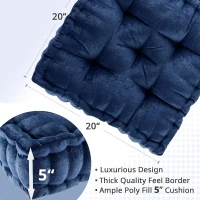 Textured Chenille Square Floor Pillow Cushion with Tufted Detailing, Scalloped Edge, Hypoallergenic 100% Polyester, 20" L x 20" W x 5" H", Navy(m-3)