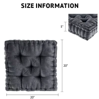 Textured Poly Chenille Square Floor Pillow Cushion with Tufted Detailing, Scalloped Edge, Hypoallergenic Polyester, 20" L x 20" W x 5" H, Charcoal(m-3)