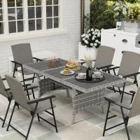 Outsunny 75" Outdoor Dining Table for 6-8, Wicker Patio Table with Storage Shelf and WPC Slatted Top for Balcony, Grey(m-10)