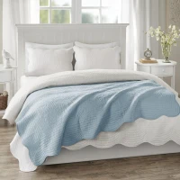 Antimicrobial Oversized Quilted Throw with Scalloped Edges, Microfiber and Cotton Blend, Machine Washable, 72" L x 60" W x 0.25" H, Blue(m-4)