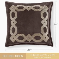 Geometric Velvet European Pillow Sham with Metallic Embroidery, Hidden Zipper, Machine Washable, 26" L x 26" W x 0.13" H, Brown(m-3)
