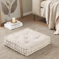 Textured Chenille Square Floor Pillow Cushion with Tufted Detailing, 100% Hypoallergenic Polyester, Scalloped Edge, 20" L x 20" W x 5" H, Ivory(m-1)