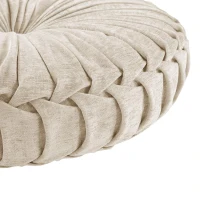 Poly Chenille Round Floor Pillow Cushion with Textured Fabric, Tufted Button Center, Pleated Detailing, 22" L x 22" W x 6" H, Ivory(m-9)