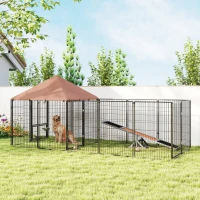 PawHut Outdoor Dog Kennel with Rotating and Adjustable Height Bowls, Waterproof UV-Resistant Cover, 11.3' x 4.7' x 5.1'(m-1)