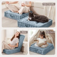 Hypoallergenic Poly Chenille Square Floor Pillow Cushion with Textured Fabric, Tufted Detailing, Scalloped Edge, 24" L x 24" W x 5" H, Aqua(m-5)