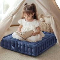 Textured Poly Chenille Square Floor Pillow Cushion with Tufted Detailing, Scalloped Edge, Hypoallergenic Polyester, 24" L x 24" W x 5" H, Navy Blue(m-10)