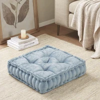 Textured Chenille Square Floor Pillow Cushion with 100% Hypoallergenic Polyester, Tufted Detailing, Scalloped Edge, 20" L x 20" W x 5" H, Aqua(m-1)