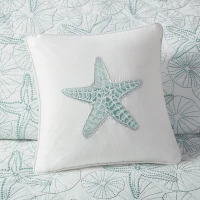 Decorative Square Pillow with 100% Cotton Cover, Starfish Embroidery, Hypoallergenic Polyester Fill, 16" L x 16" W x 5" H, White(m-1)