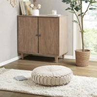 Poly Chenille Round Floor Pillow Cushion with Textured Fabric, Tufted Button Center, Pleated Detailing, 22" L x 22" W x 6" H, Ivory(m-1)