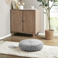 Poly Chenille Round Floor Pillow Cushion with Textured Fabric, Tufted Button Center, Pleated Detailing, 22" L x 22" W x 6" H, Gray(m-1)
