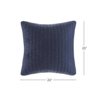 Machine Washable Cotton Quilted Euro Sham with Hidden Zipper, Embroidered Pillow Cover for Home Decor, 26" L x 26" W x 0.25" H, Navy(m-3)