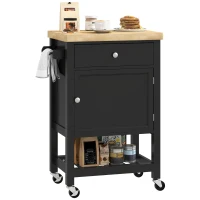 HOMCOM Kitchen Island on Wheels, Rolling Kitchen Cart with Wood Top, Towel Rack, Drawer and Shelf for Dining Area, Black(m-11)