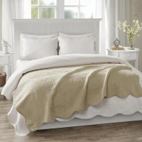 Oversized Quilted Throw with Scalloped Edges, Microfiber Face, Cotton Filled Blanket for Living Room, Bedroom, 72" L x 60" W x 0.25" H, Khaki(m-4)