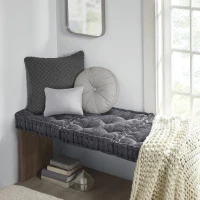 Textured Poly Chenille Square Floor Pillow Cushion with Tufted Detailing, Scalloped Edge, Hypoallergenic Polyester, 20" L x 20" W x 5" H, Charcoal(m-4)