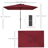Outsunny 6' x 10' Patio Umbrella with 22 LED Solar Lights and Tilt, Rectangular Outdoor Table Umbrella with Crank, Wine Red(m-3)