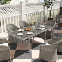 Outsunny 75" Outdoor Dining Table for 6-8, Wicker Patio Table with Storage Shelf and WPC Slatted Top for Balcony, Grey(m-9)