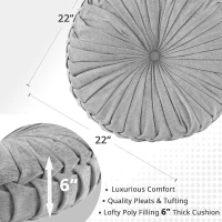Poly Chenille Round Floor Pillow Cushion with Textured Fabric, Tufted Button Center, Pleated Detailing, 22" L x 22" W x 6" H, Gray(m-3)