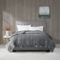 Hypoallergenic Down Alternative Blanket with Satin Trim, 3M Scotchgard Treatment, Classic Box Quilting, 90" L x 90" W x 0.25" H, Charcoal(m-1)