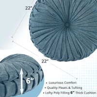 Stylish Poly Chenille Round Floor Pillow Cushion with Textured Fabric, Tufted Button Center, Pleated Detailing, 22" L x 22" W x 6" H, Aqua(m-3)