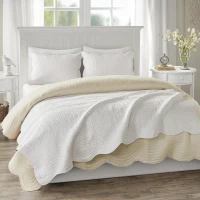 Oversized Quilted Throw with Scalloped Edges, Microfiber Face, Cotton Filled Blanket for Living Room, Bedroom, 72" L x 60" W x 0.25" H, White(m-4)