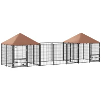 PawHut Outdoor Dog Kennel with 2 Rooms, Rotating & Adjustable Height Bowls, Waterproof UV-Resistant Cover, 16.2' x 4.7' x 5.1'(m-11)