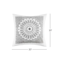 Cotton Embroidered Decorative Square Pillow with Metallic Medallion Design, Hypoallergenic Filling, Removable Cover, 20" L x 20" W x 5" H, Gray(m-3)