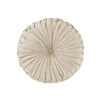 Poly Chenille Round Floor Pillow Cushion with Textured Fabric, Tufted Button Center, Pleated Detailing, 22" L x 22" W x 6" H, Ivory(m-2)