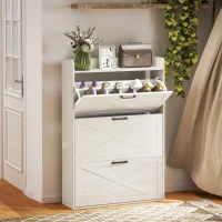 HOMCOM Narrow Shoe Storage Cabinet Farmhouse Shoe Cabinet with 3 Flip Drawers Adjustable Shelves for Entryway White Oak(m-1)