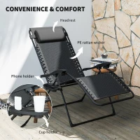 Outsunny Wicker Folding Lounge Chair with Adjustable Backrest, Rattan Recliner Chair with Headrest & Side Table Tray, Black(m-6)