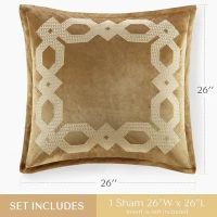 Geometric Velvet European Pillow Sham with Metallic Embroidery, Hidden Zipper Closure, OEKO-TEX Certified, 26" L x 26" W x 0.13" H, Gold(m-3)